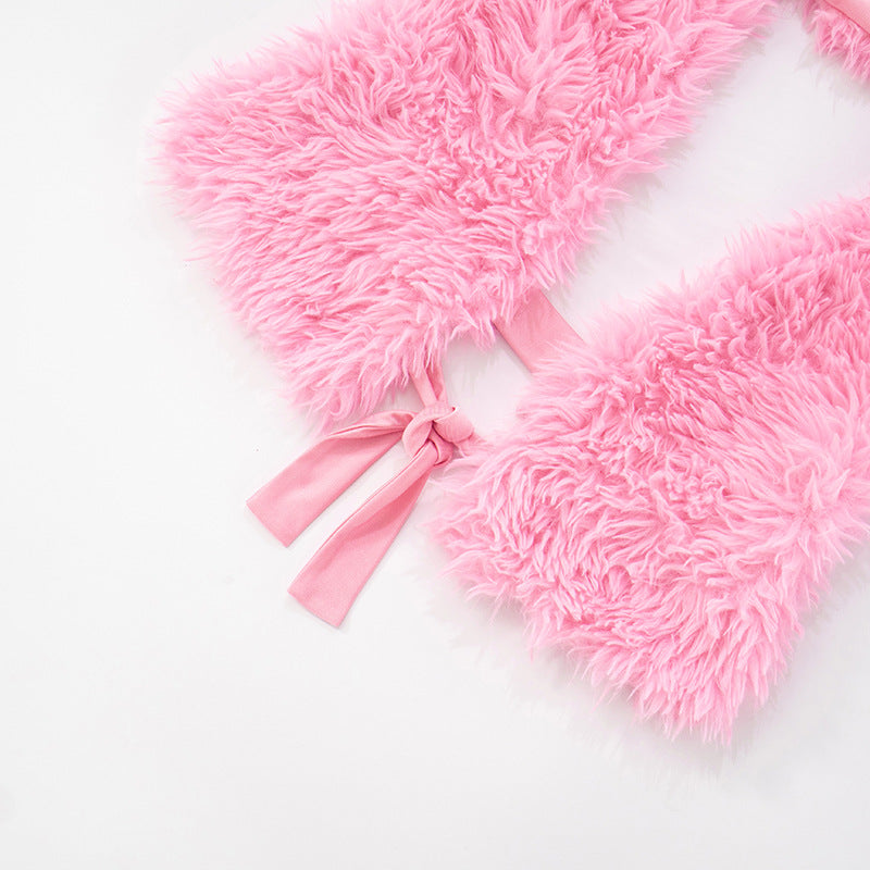 Women's Summer/Fall Halter Neck Low Back Lace-Up Faux Fur Tight Slim Solid Knee-Length Shorts Set 17