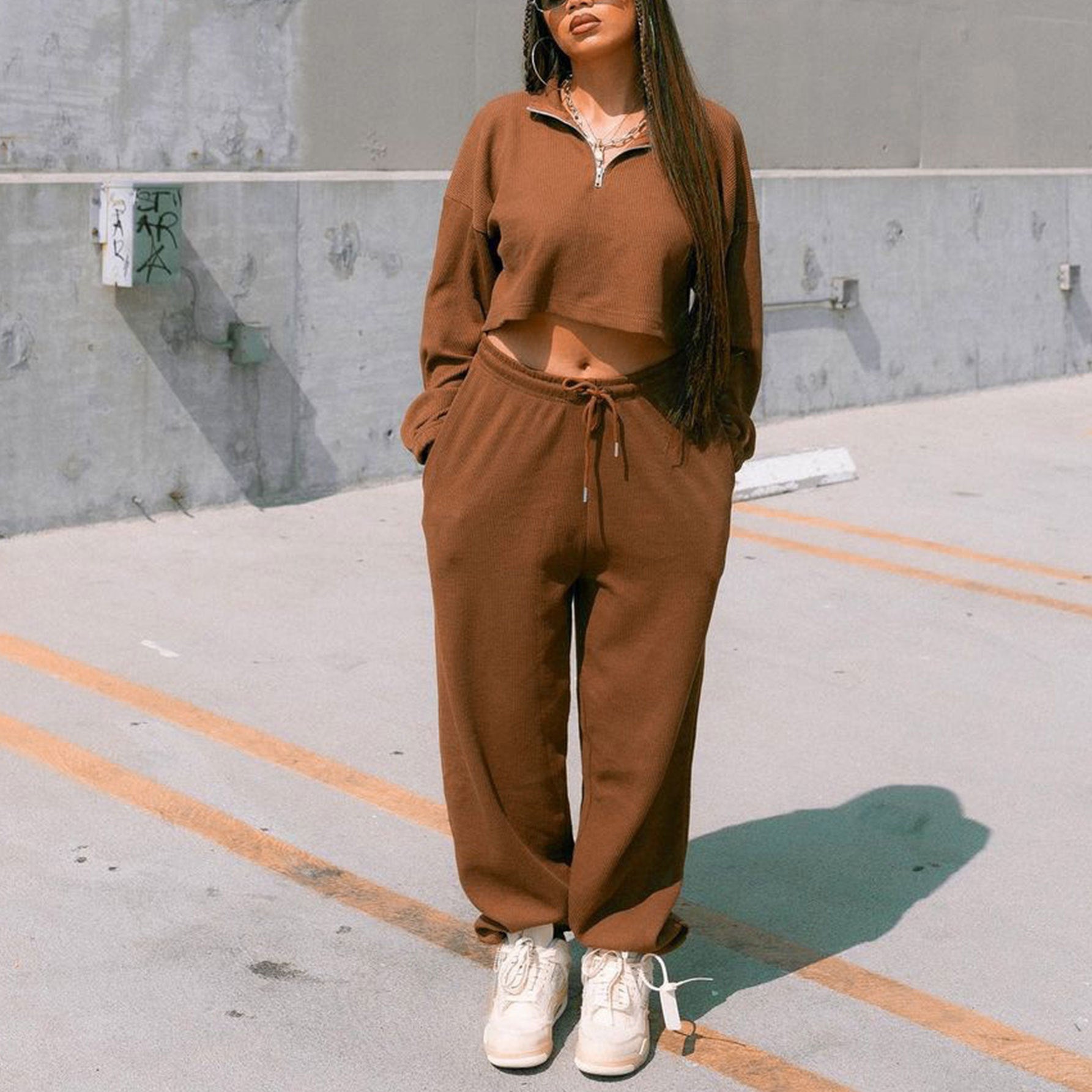 Women's Casual Sport Two-Piece Set Short Zipper Hoodie + Elastic Waist Pants