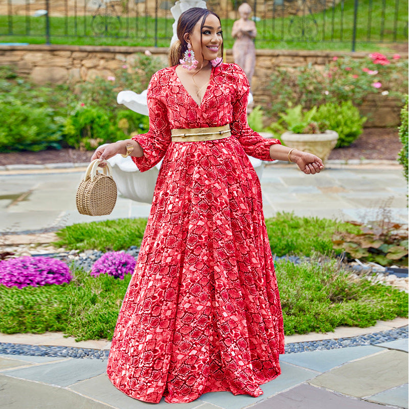 Plus Size Women's Autumn and Winter Sexy Deep V Print Snake Print Dress 7