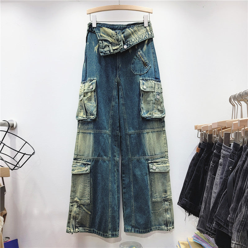 spring Trendy High Waist Style Pocket Cargo Denim Straight Pants Women's Loose Slim Fit Wide Leg trousers 4