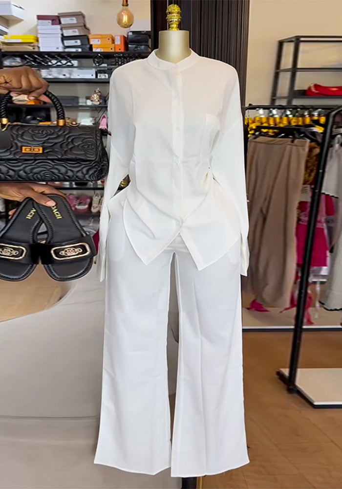 Women's summer round neck loose casual long sleeve shirt and wide leg trousers set