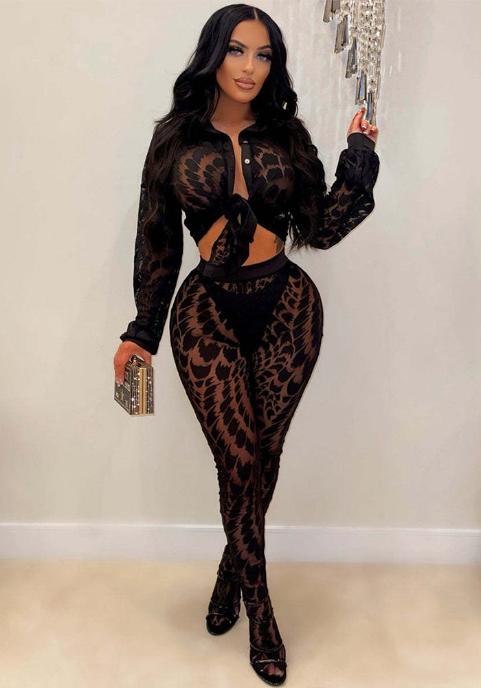 Women Printed Mesh See-Through Shirt and Pants Two-Piece Set