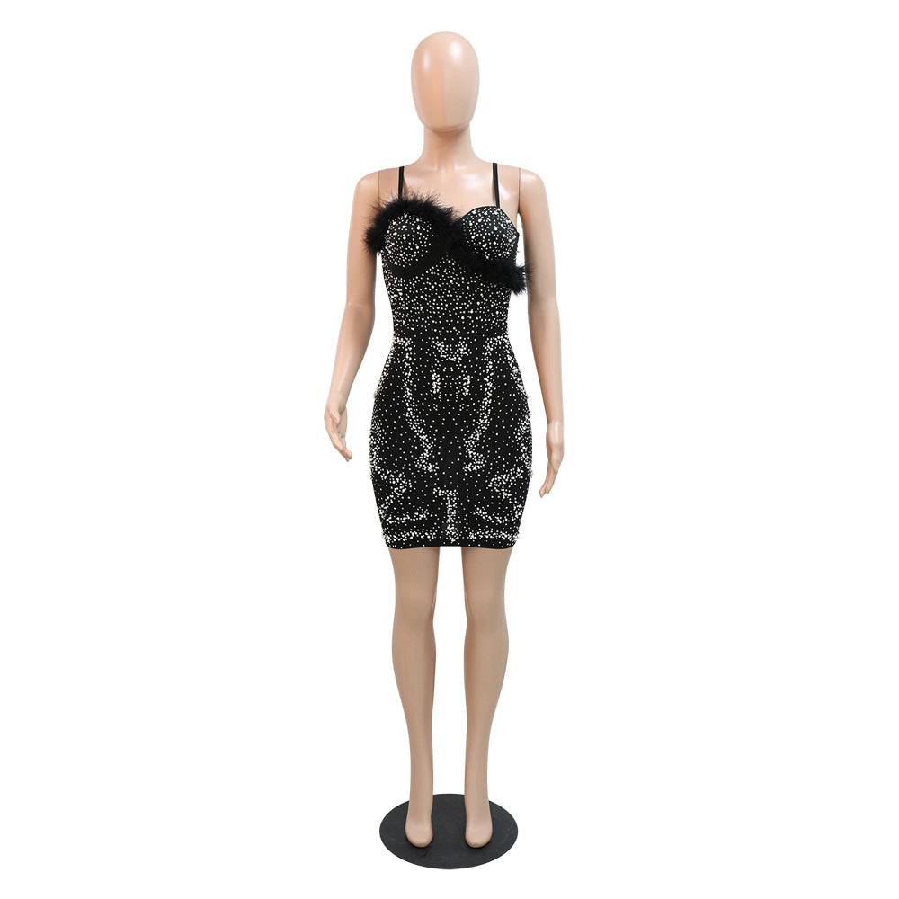 Sexy Strap Patchwork Plush Christmas Party Beaded Dress 16