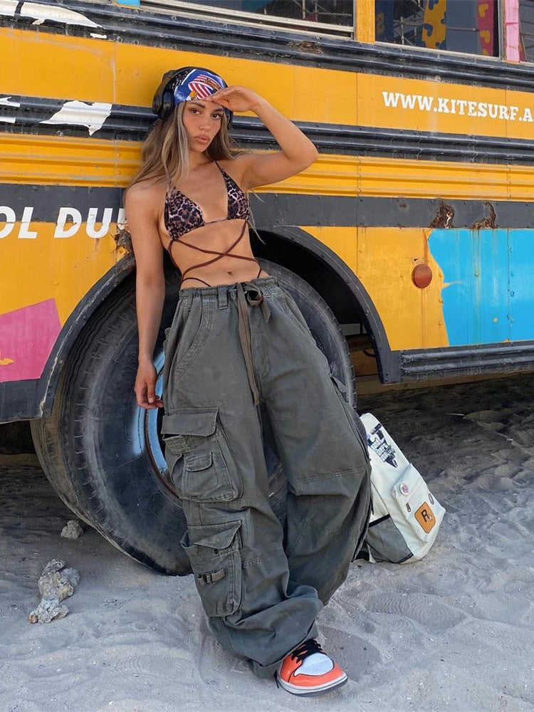 Casual Street Trend Woven Wide-Leg Casual Pants Multiple Pockets Design Cargo Pants For Women 5