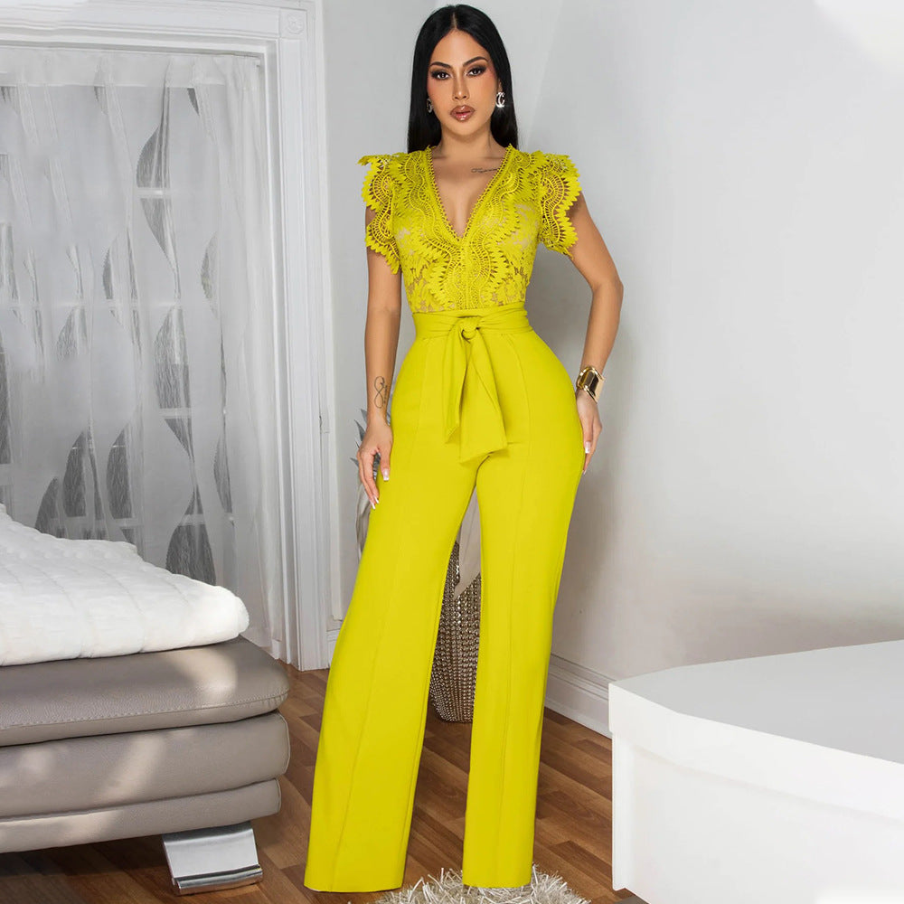 Women's Sexy V-Neck Sleeveless Solid Color Lace-Up Wide-Leg Jumpsuit 5