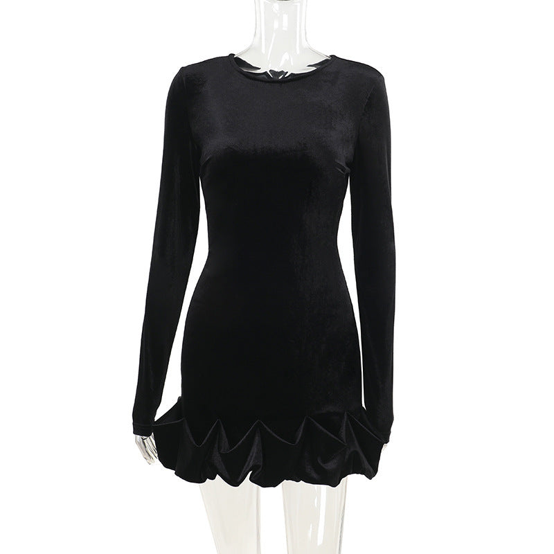 Women Fall Velvet Round Neck Pleated Long Sleeve Dress 10
