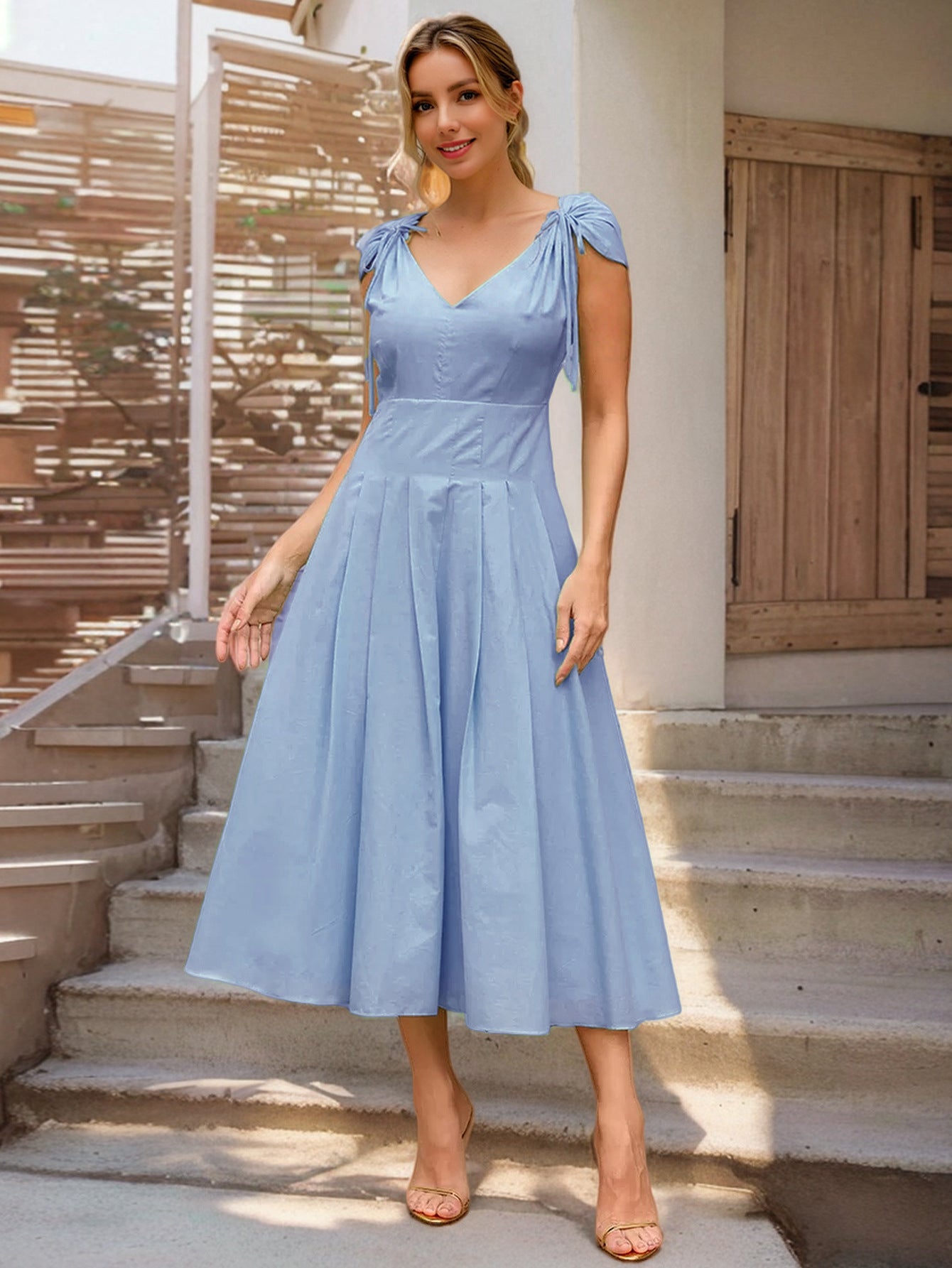 Women Elegant V-Neck Lace-Up Summer Dress 9