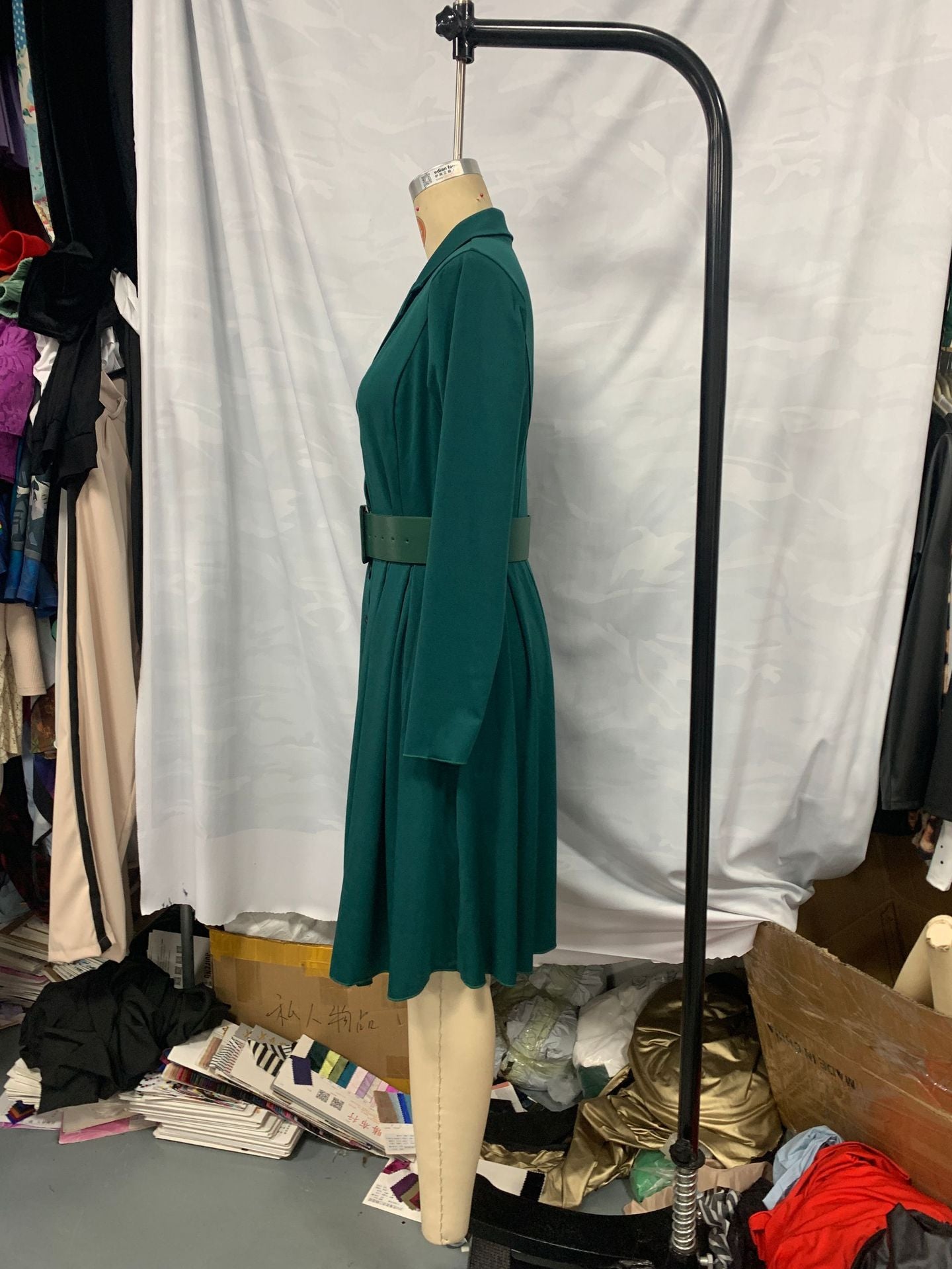 Plus Size  V Neck Turndown Collar A-Line Belt Shirt Dress 3