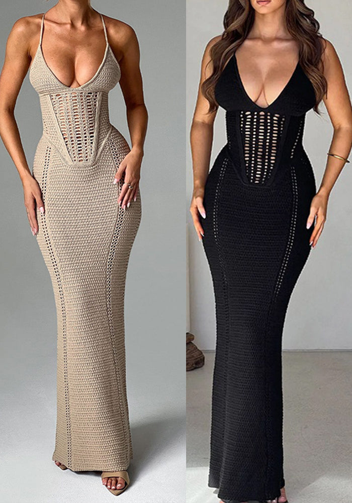 Women Spring and Summer Sexy Backless Hollow Lace Knitting Suspender Bodycon Dress