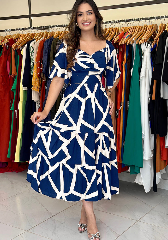 Pleated Printed Summer Short Sleeve Casual Midi Dress