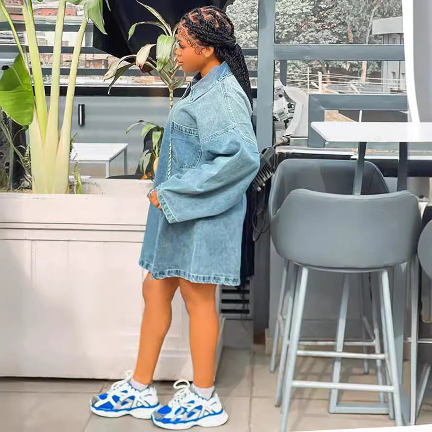 Spring Summer Women's Fashion Turndown Collar Loose Fashion Denim Dress 4
