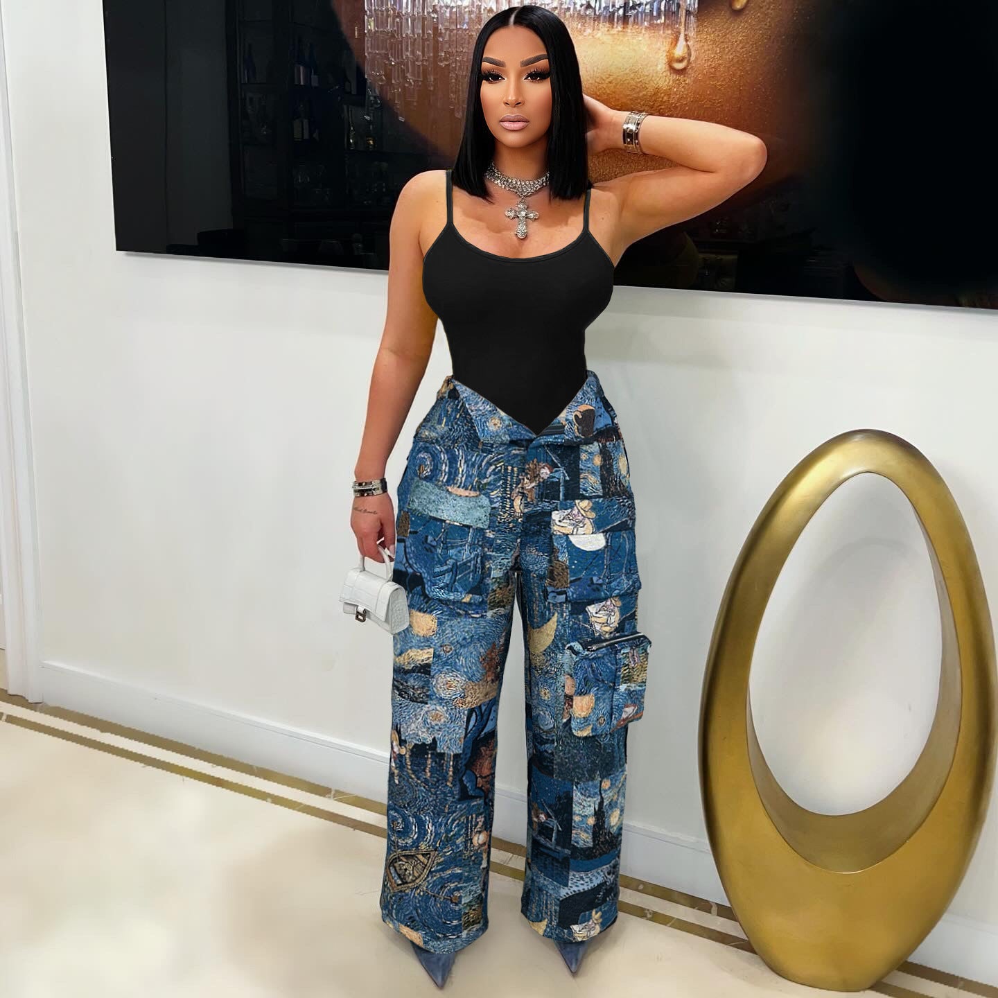 Casual Women's Fashion Trend Jacquard Multi-Pocket Cargo Pants 4