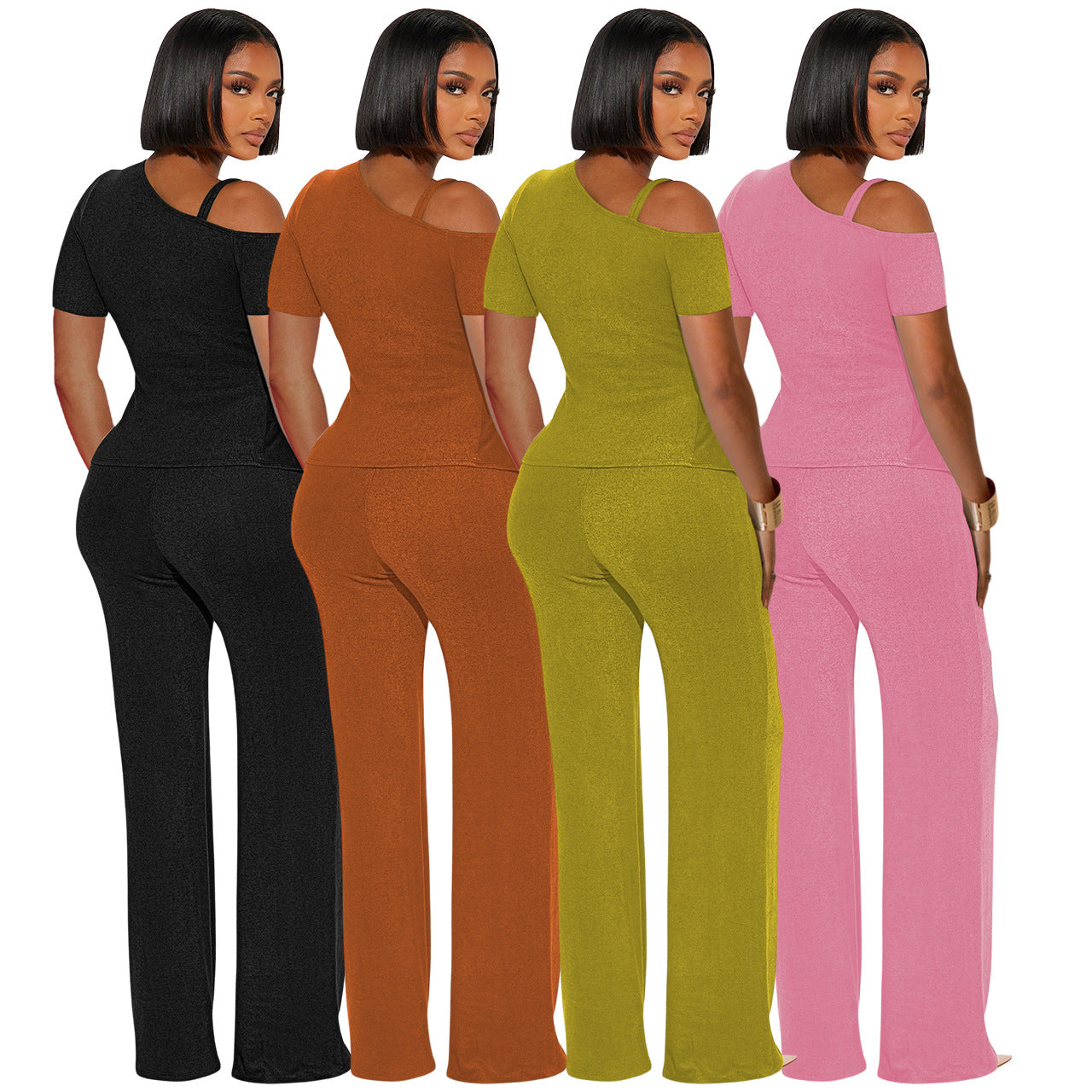 Women's Spring  Slash Shoulder Short Sleeve Pleated Slim Sexy Two-Piece Pants Set 6
