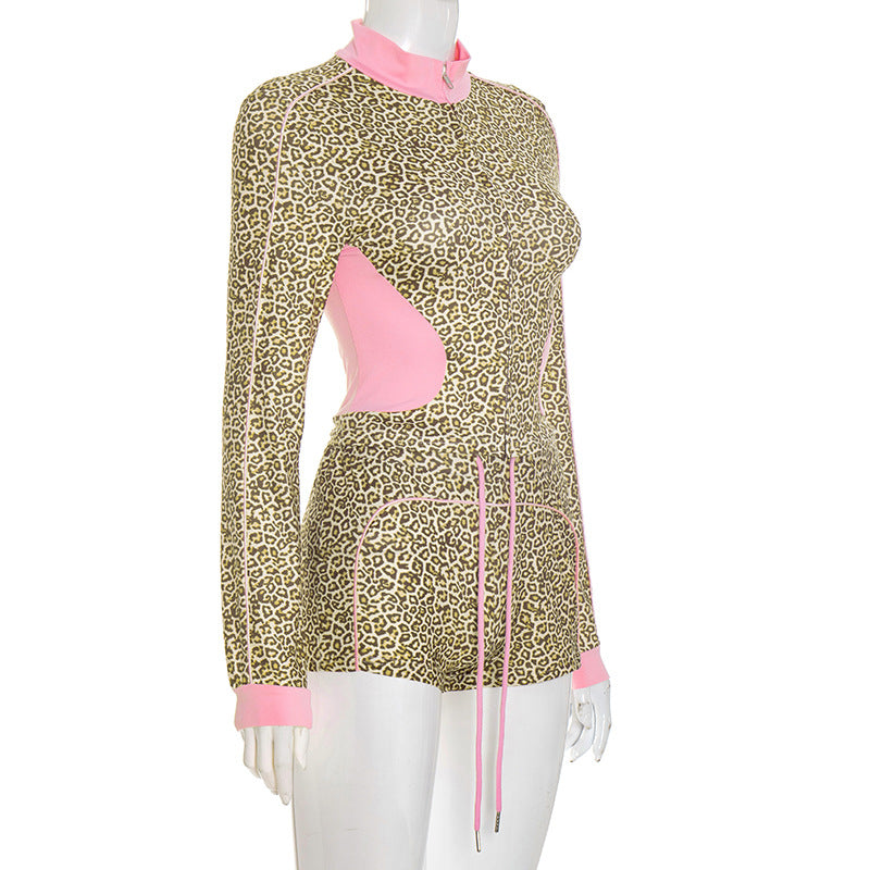 Women's Leopard Print Color Block Long Sleeve Zipper Coat Drawstring Shorts Two-Piece Set 8