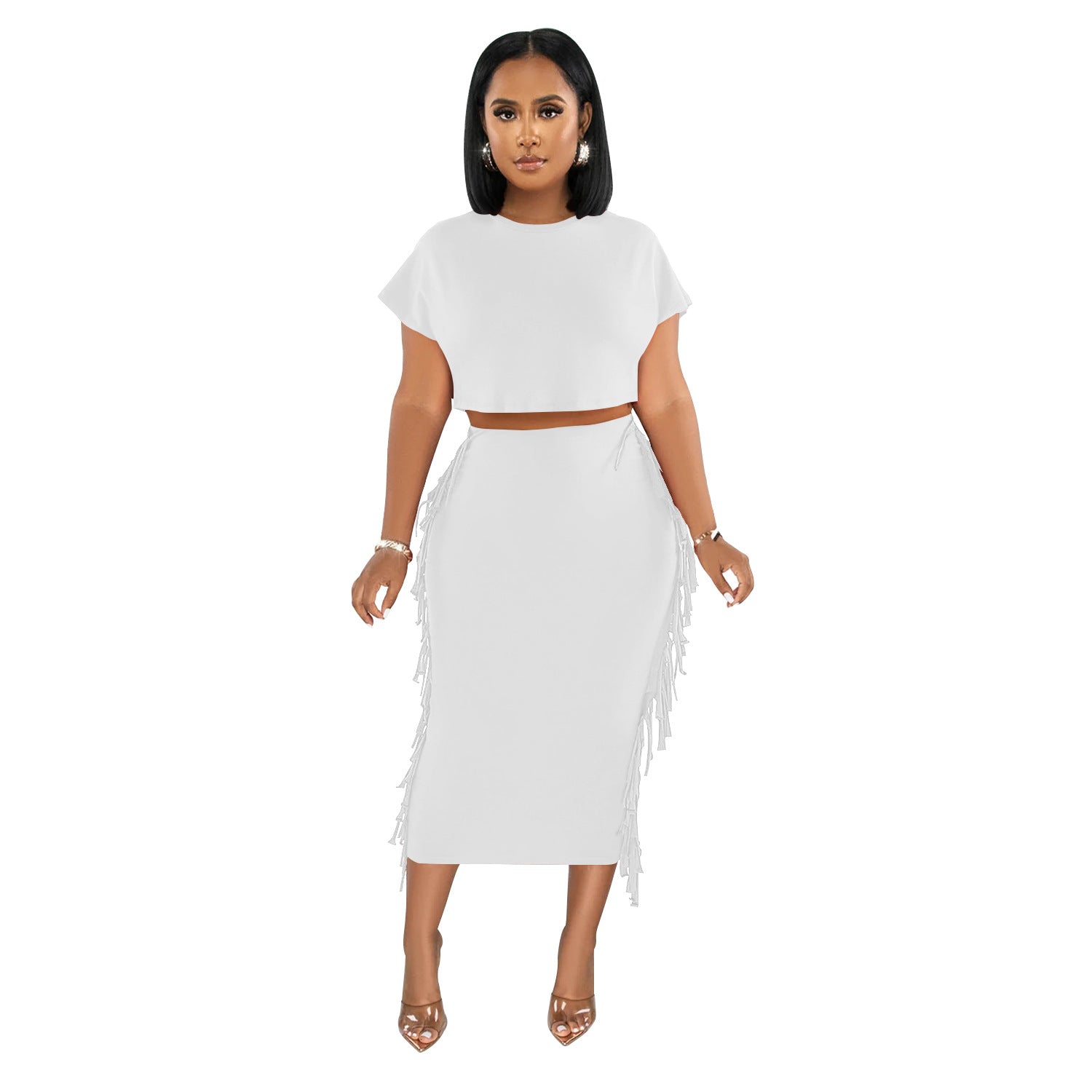 Women Solid Tassel Round Neck Short Sleeve Top and Long Dress Two-Piece Set 16