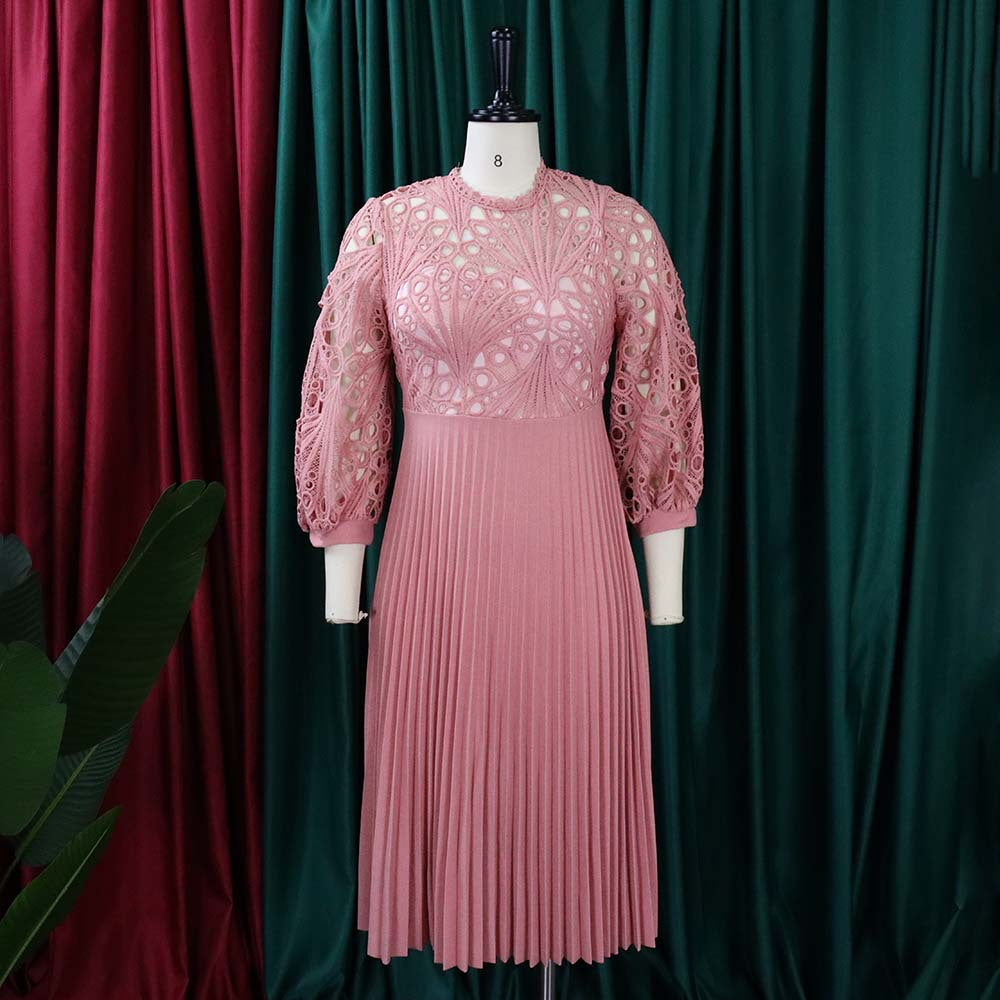 Women's Fall/Winter lace Patchwork Pleated Cutout Sexy Plus Size Dress 26