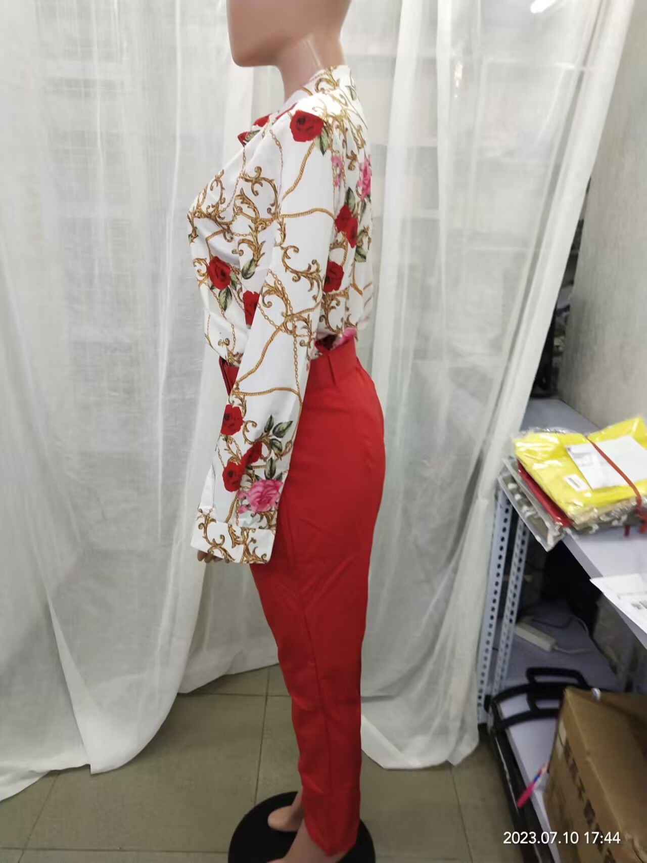 Women Long Sleeve Printed Shirt + Solid Pant Casual Two-Piece Set (No Jacket) 19