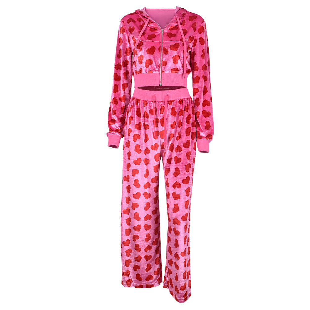 Women Sexy Hooded Printed Zipper Crop Top and Pants Two-piece Set 12