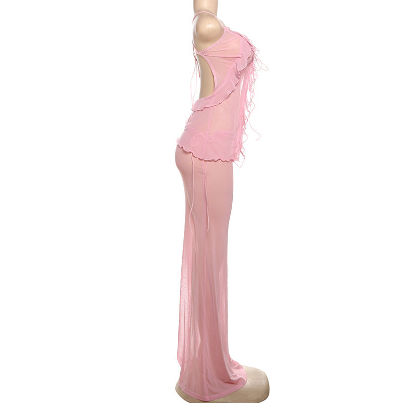 Women's Sheer Mesh and Lace Sleeveless Crop Top Skirt Set 7