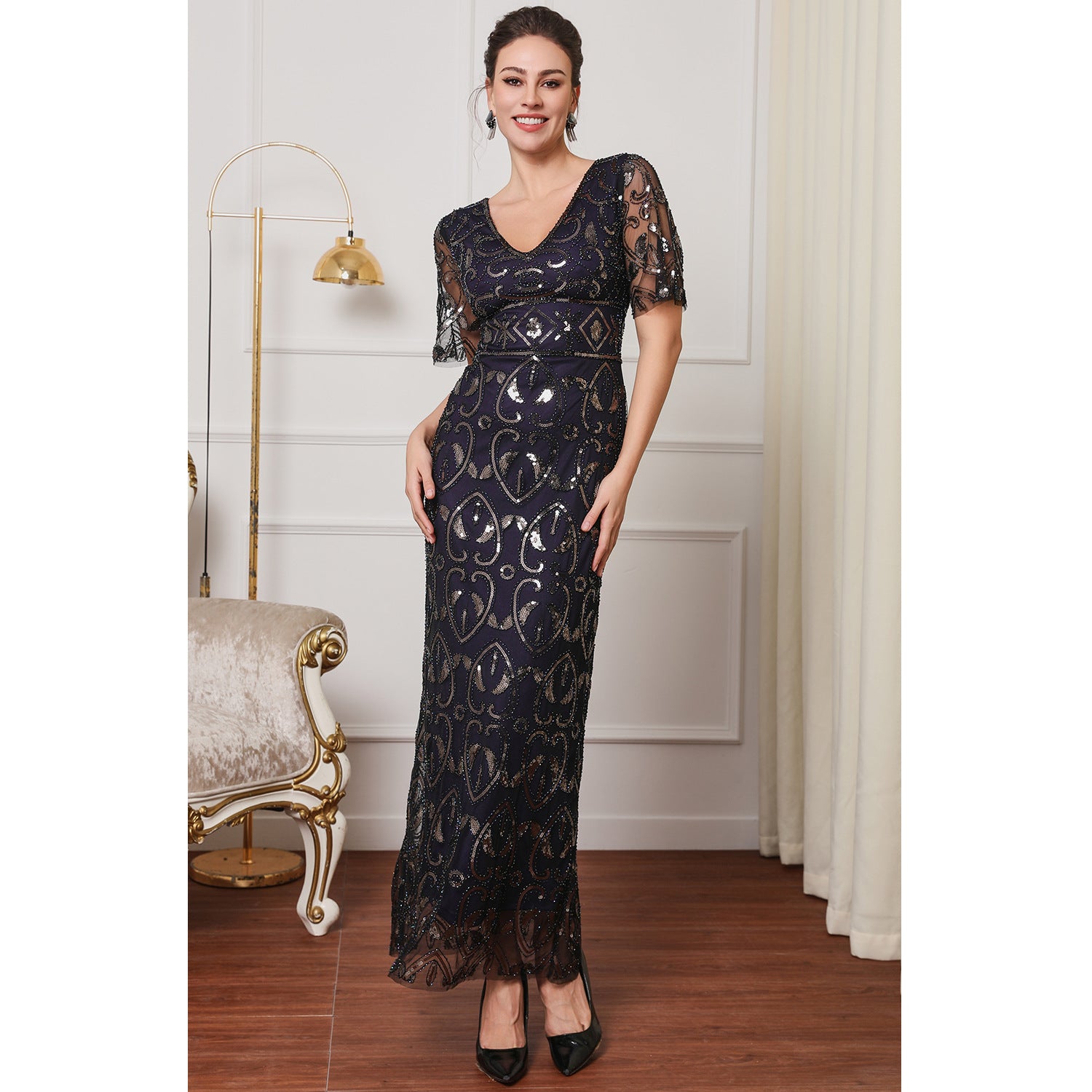 Women Elegant V Neck Sequin Formal Party Mesh Dress 4