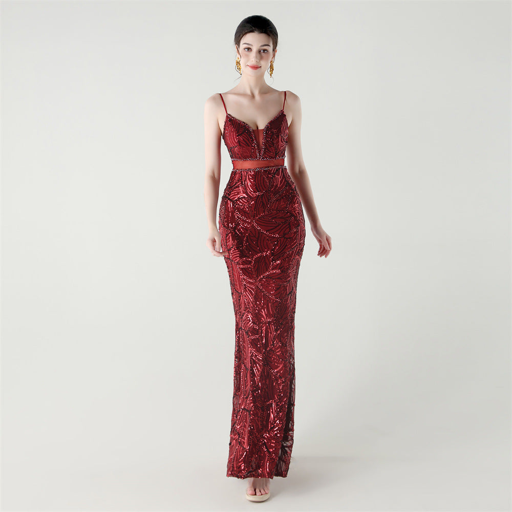 Women See-Through Mesh back cross Lace-Up fishtail sequined evening dress 6