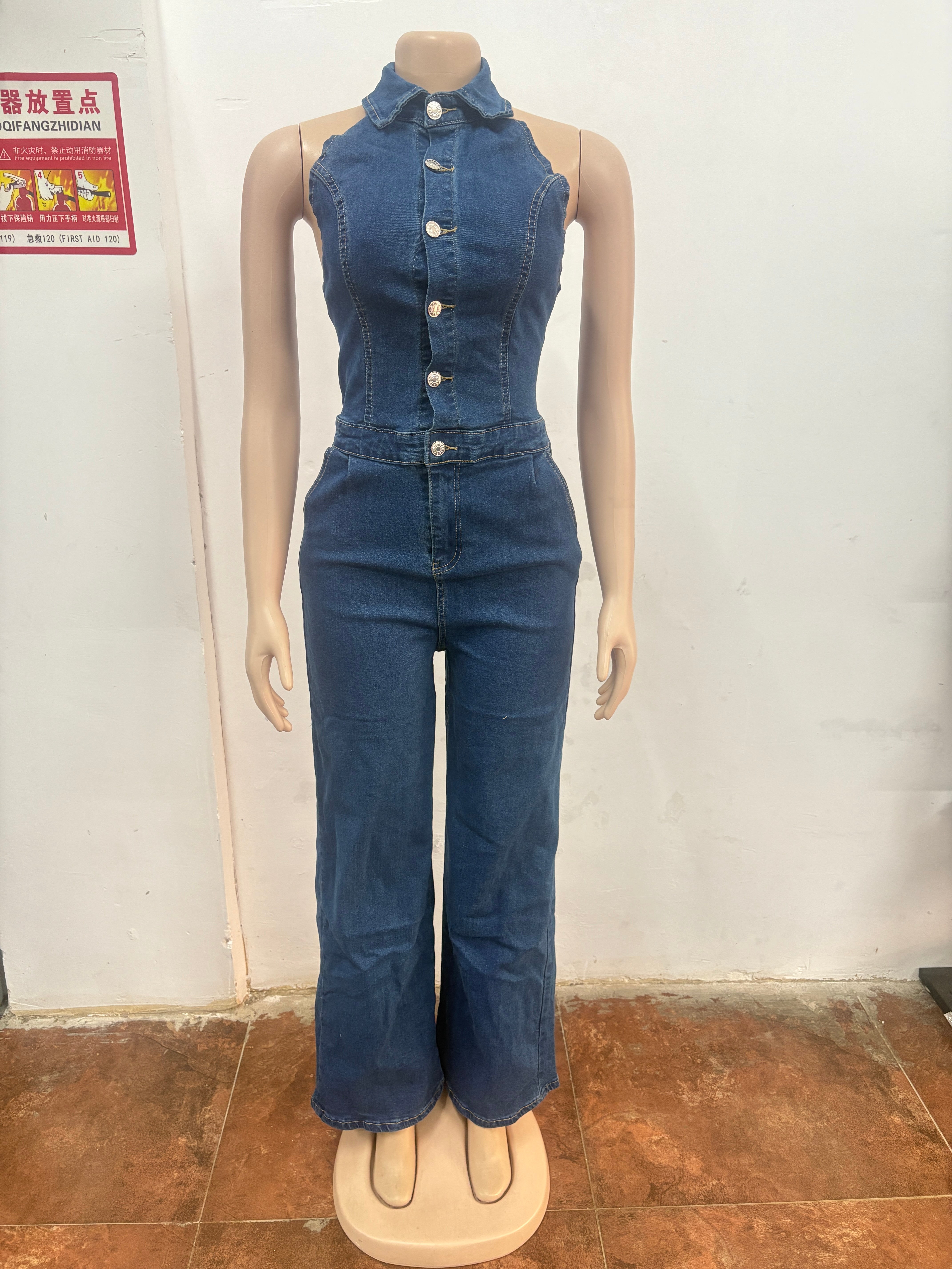 Sexy Patchwork Halter Neck Wide-Leg Denim Jumpsuit 7