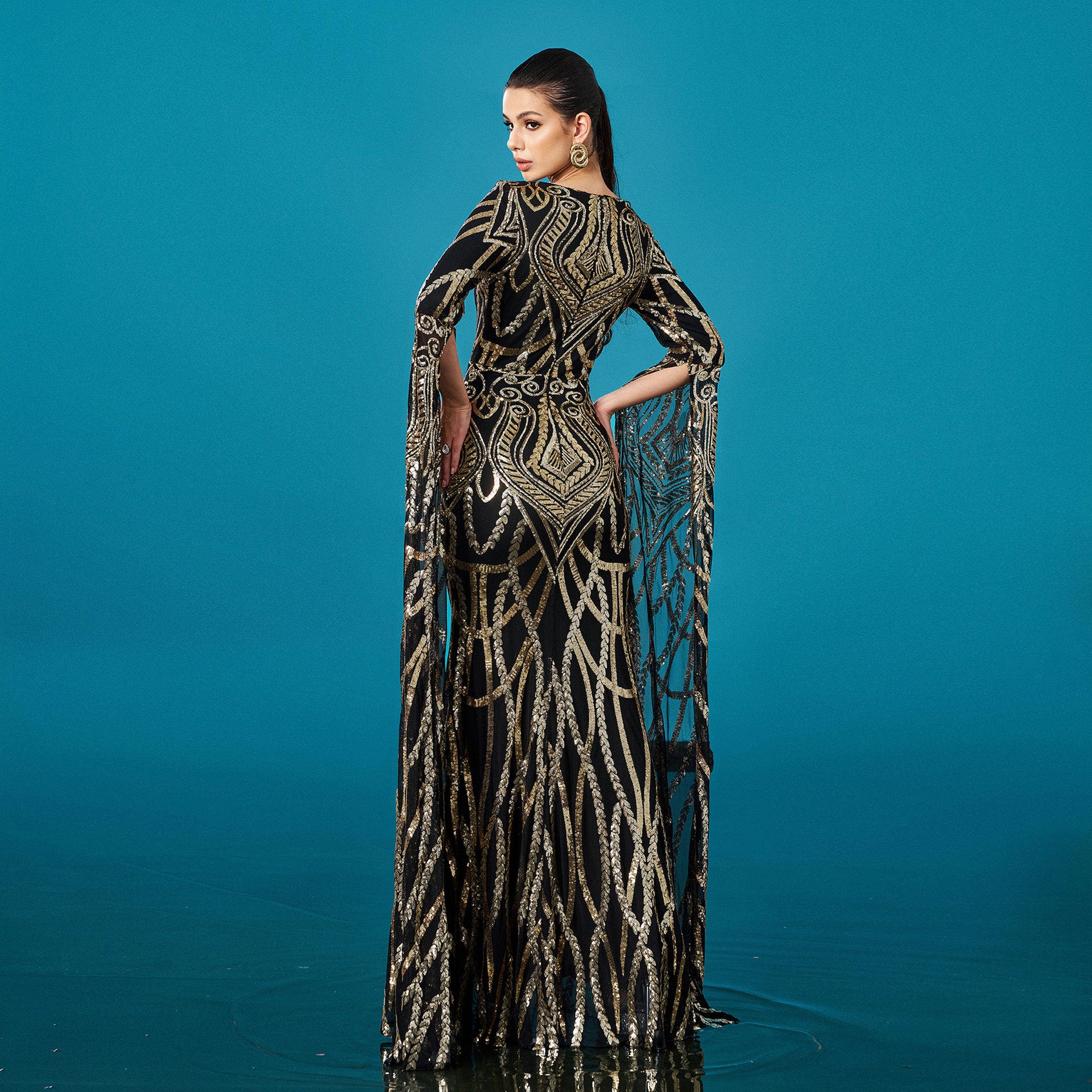 Women long sleeve Round Neck sequin Formal Party Bodycon fishtail evening dress 4