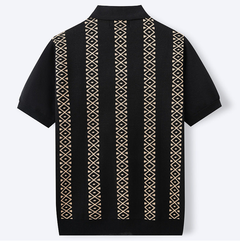 Men's Summer Striped Jacquard Knitting Short Sleeve Polo Top 10