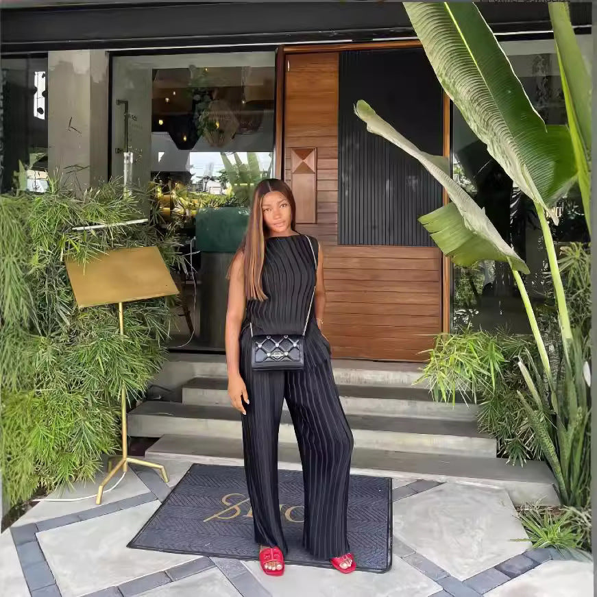 Women autumn solid sleeveless round neck top and wide leg pants two-piece set