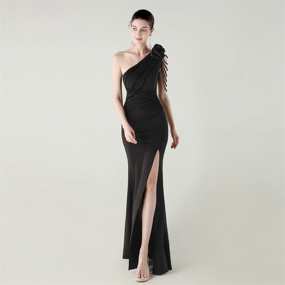 Women one-shoulder flower beaded satin sexy slit evening dress 5