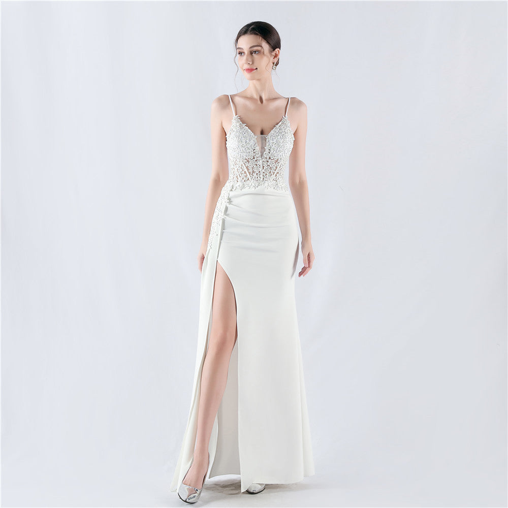 Women Beaded Flowered Fishbone Evening Dress 5