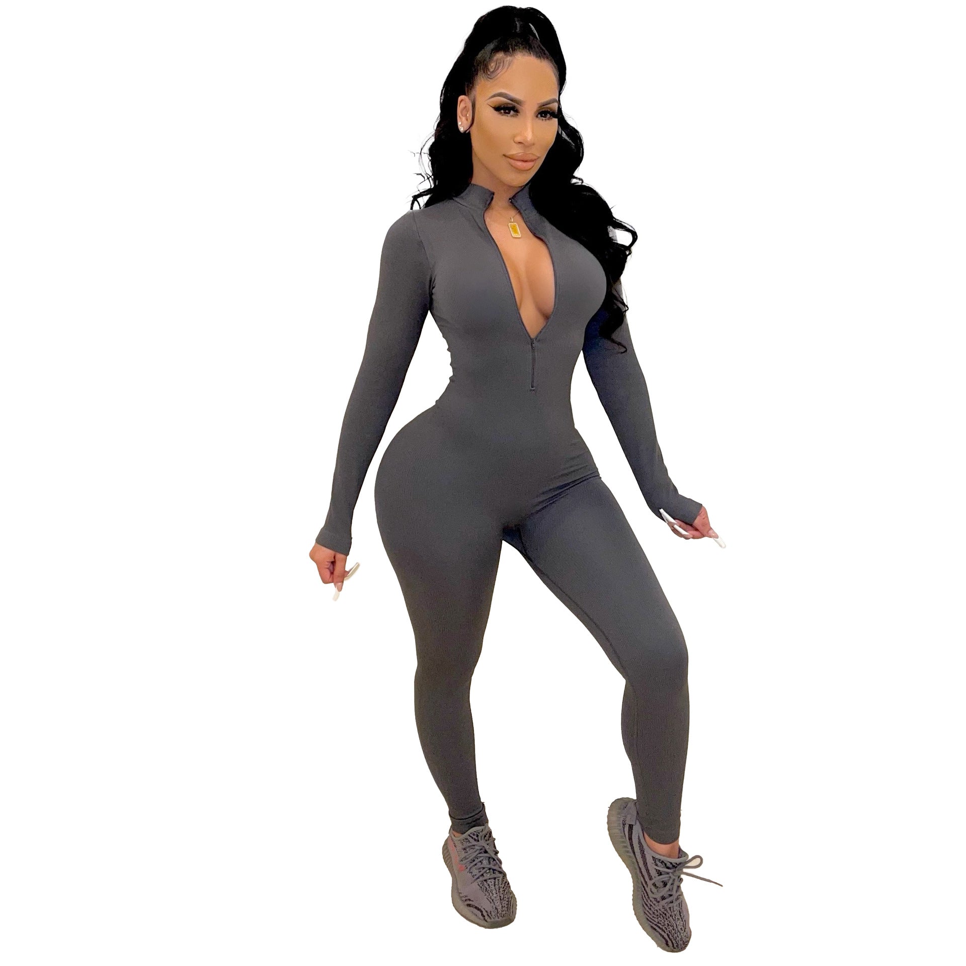 Women'S Solid Zip Long Sleeve Tight Fitting Jumpsuit 11