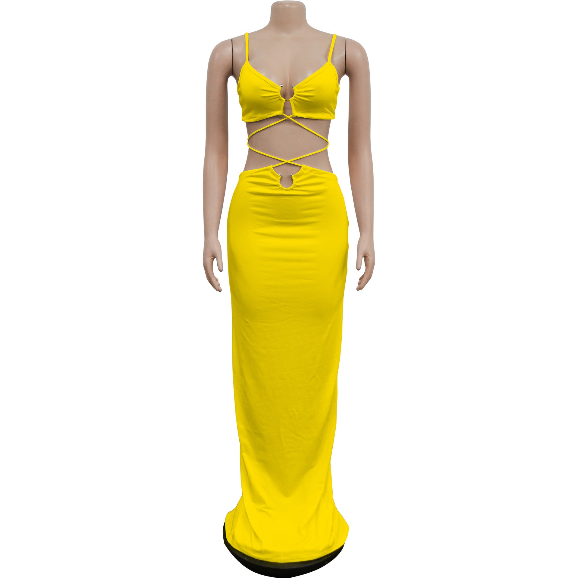 Women's Fashion Solid Color Lace-Up Sleeveless Straps Maxi Dress 22