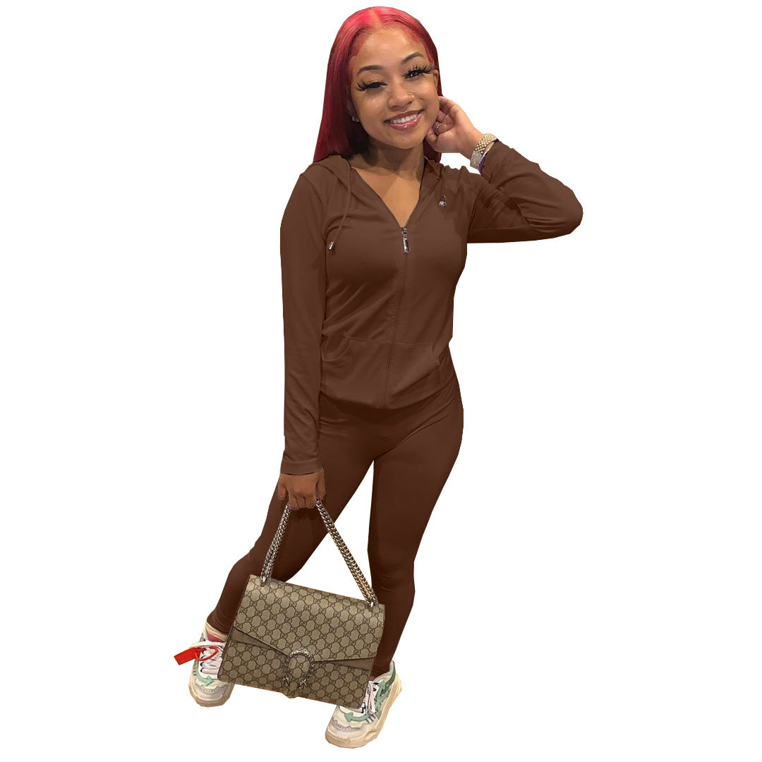 Women Summer Sports Hooded Full Sleeves Solid Pockets Regular Two Piece Pants Set 45