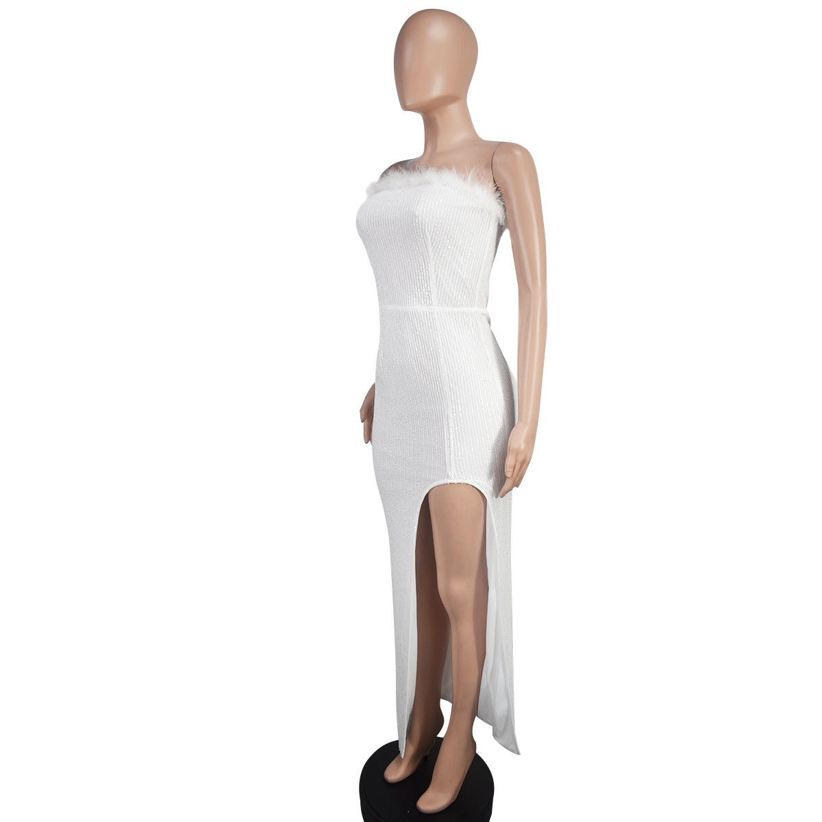 White Feather Strapless Sequin Low Back Women's Party Dress 7