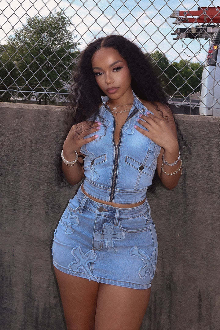 Women Stretch Embroidered Denim Vest And Mini Skirt Two-piece Set