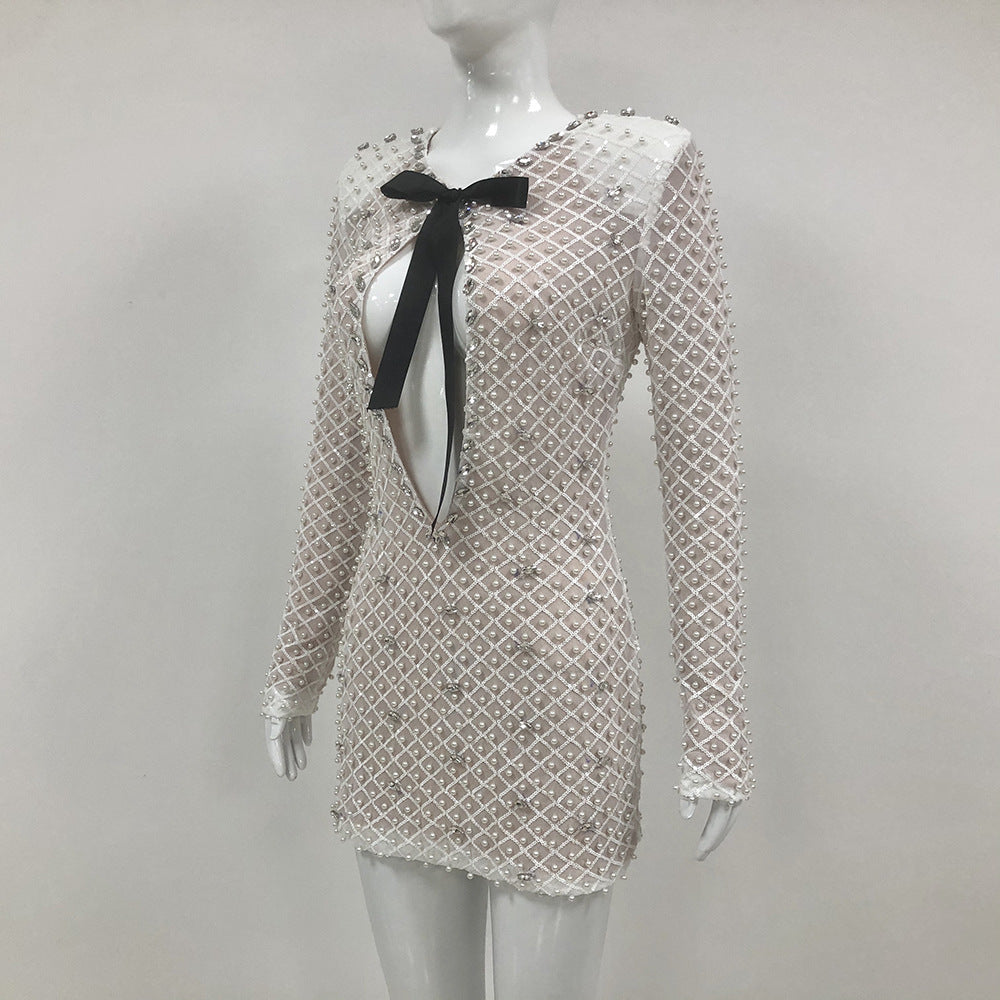 Women long-sleeved beaded rhinestone V Neck party bandage dress 6