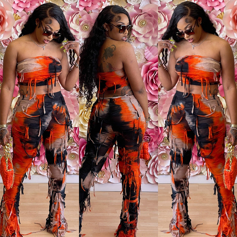 Summer Crop Low Back tie-dye auspicious pants suit for women 10