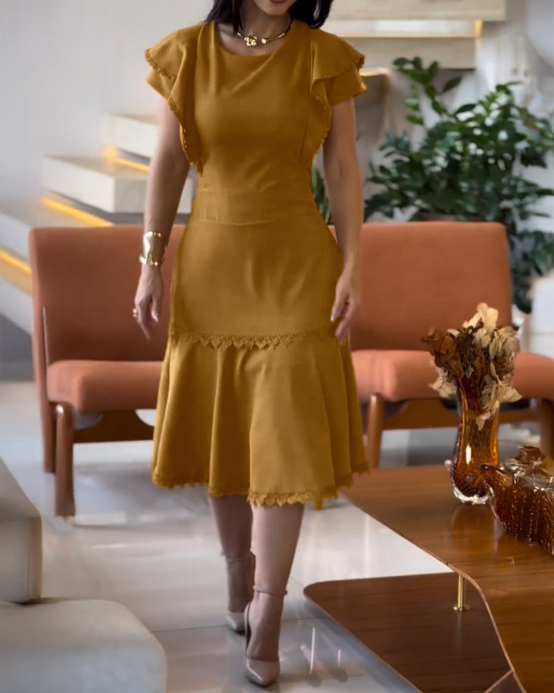 Solid Color Lace Trim Patchwork Bell Sleeve Slim Waist Ruffle Dress 6