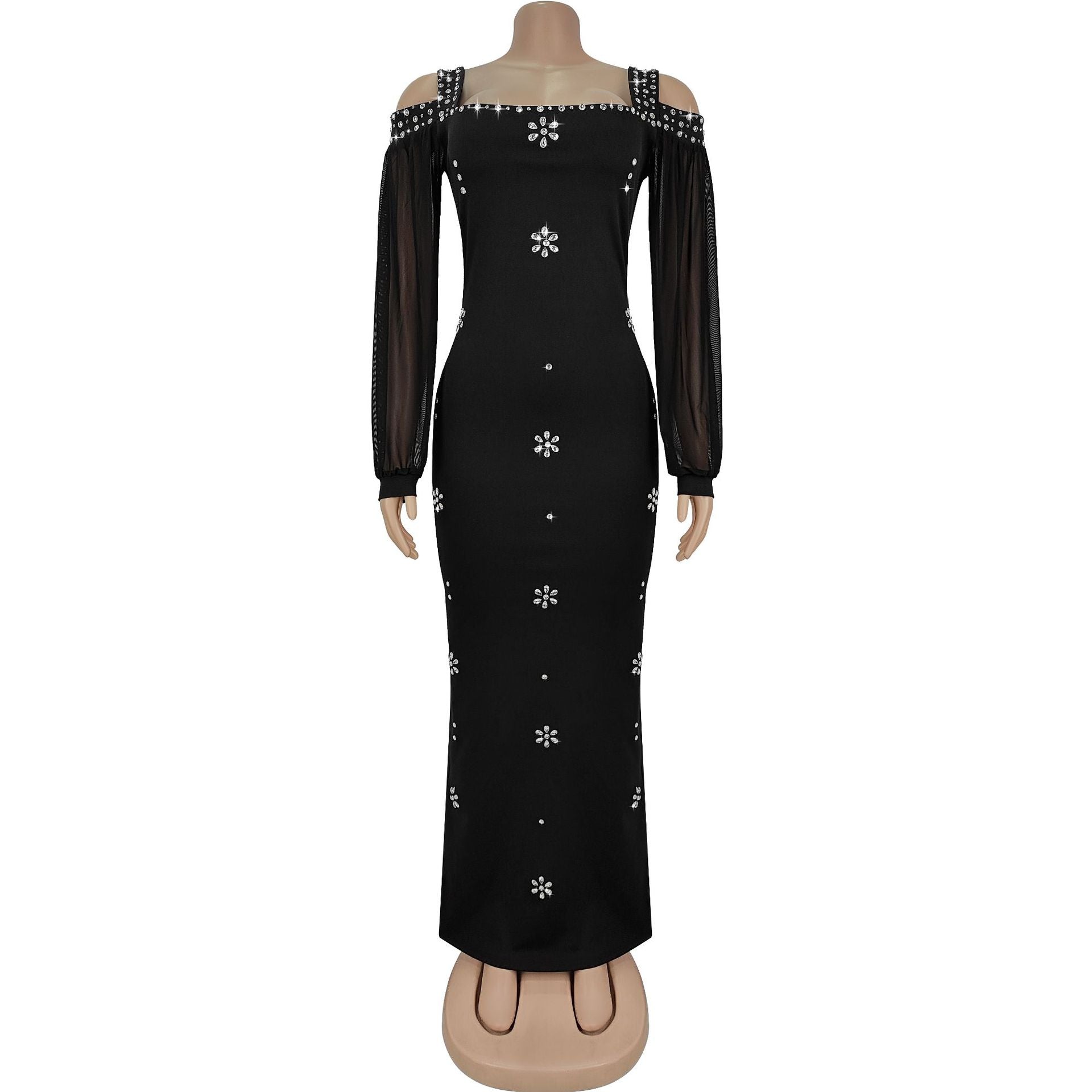 Fashion Women's Elegant Rhinestone Square Neck Mesh Slim Long Dress 4