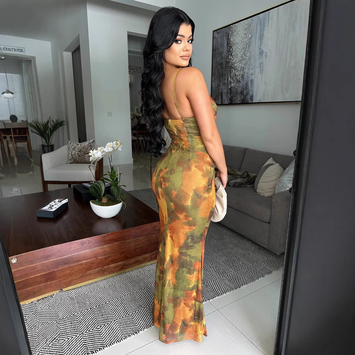 Women Sexy Double Tie-Dye Printed Backless Strap Dress 5