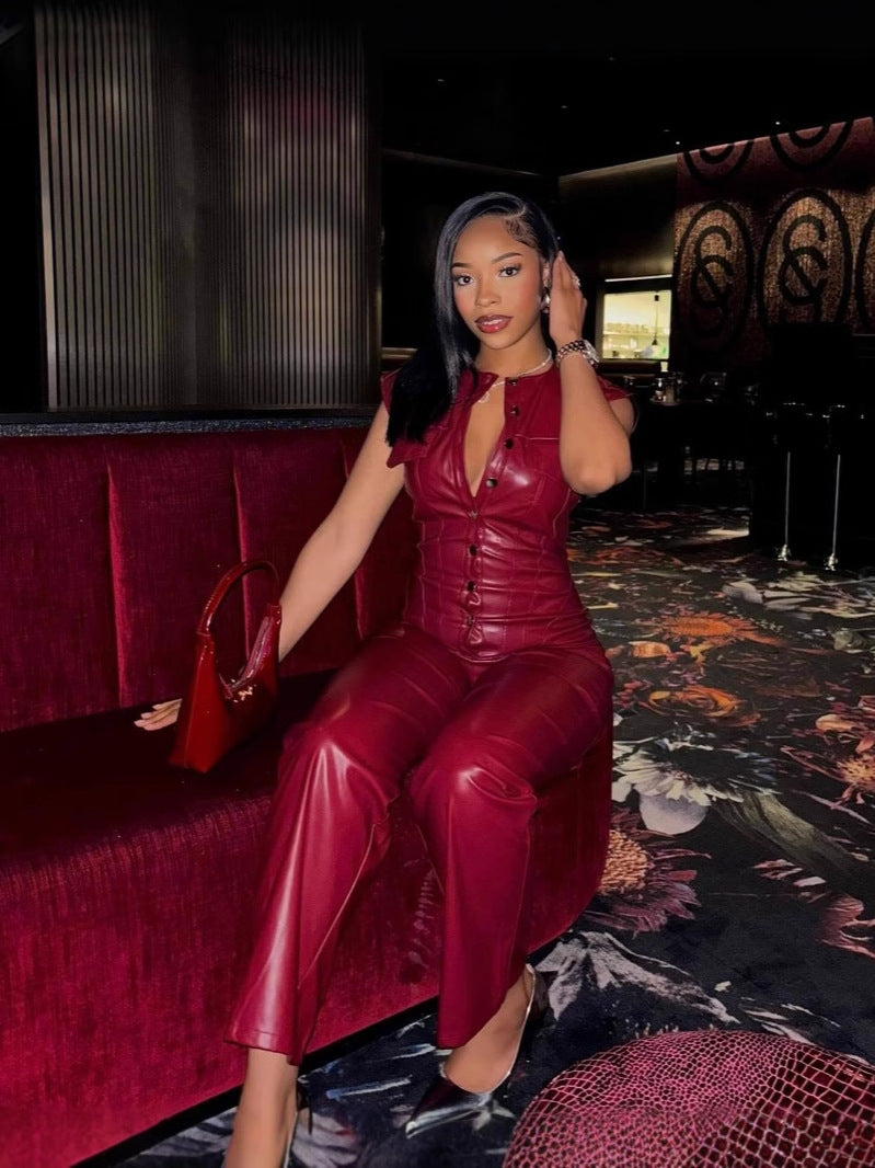 Women's Fashion Sleeveless Pu Leather Jumpsuit 5