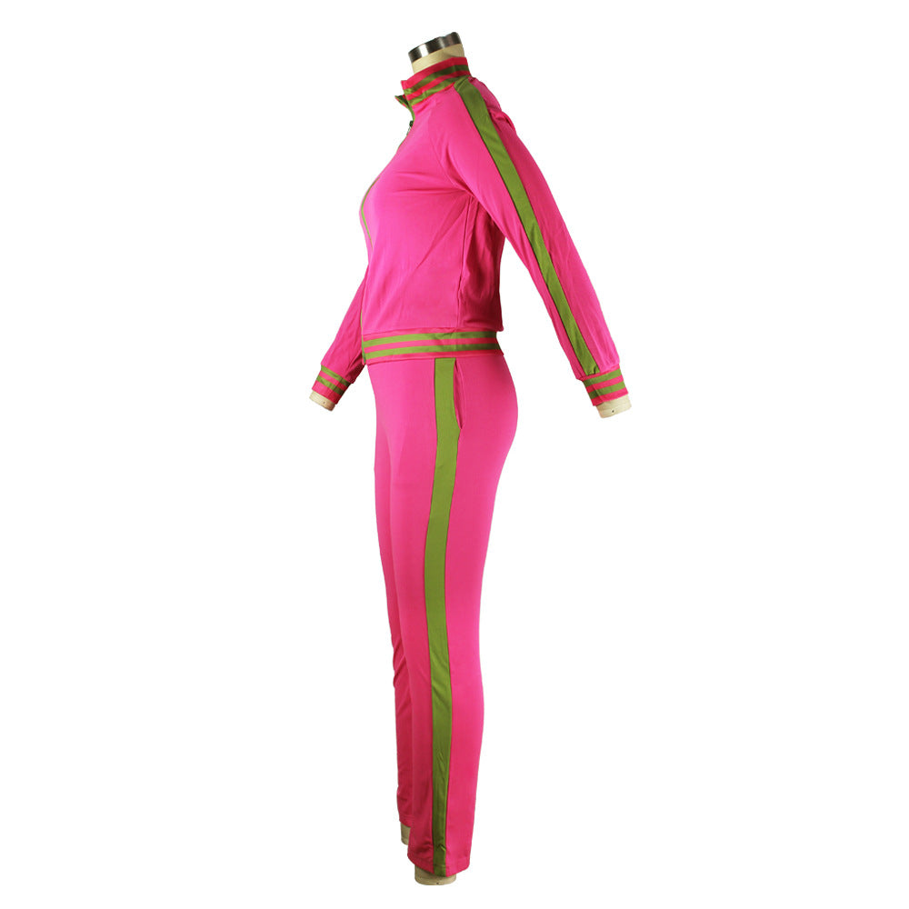 Zipper Stand Collar Striped Long-Sleeved Jacket Casual Pants Two-Piece Set 10