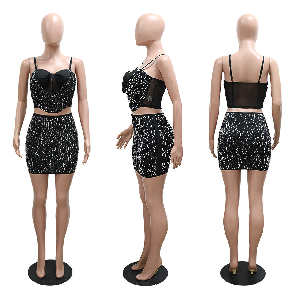Fashionable Halter Top Bodycon Skirt Beaded Two-Piece Set For Women 13