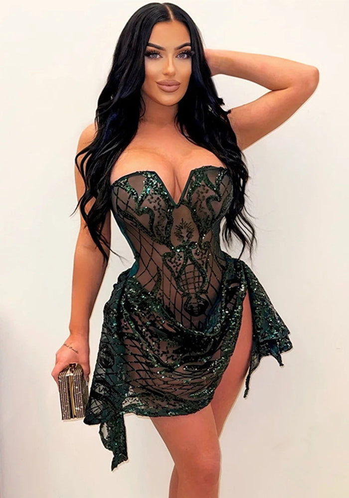 Women Sexy V-Neck Strapless See-Through Sequined Irregular Mini Dress