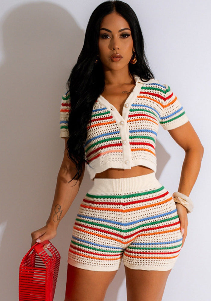 Summer Women's Sexy Knitting Contrast Color Short-Sleeved Casual Suit Two-Piece Shorts Set 6