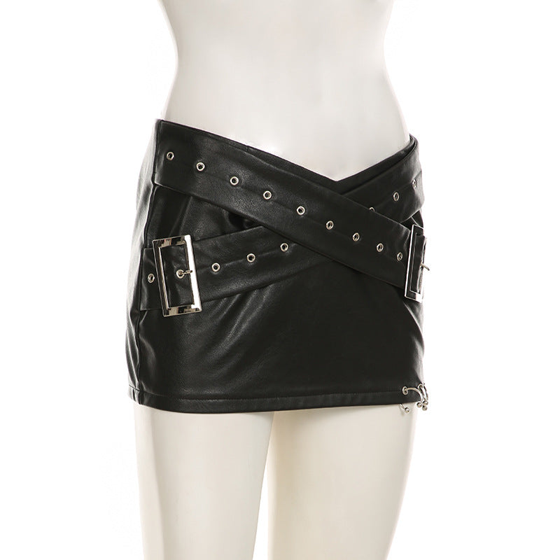 Punk Sexy Leather V-Neck Strap Vest Top Hollow Pin Buckle Adjustable Skirt Set 27