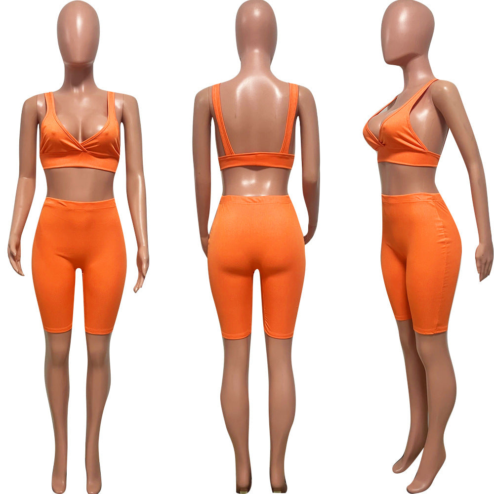 Summer fashionable beach holidays casual ribbed solid color two-piece shorts set 12