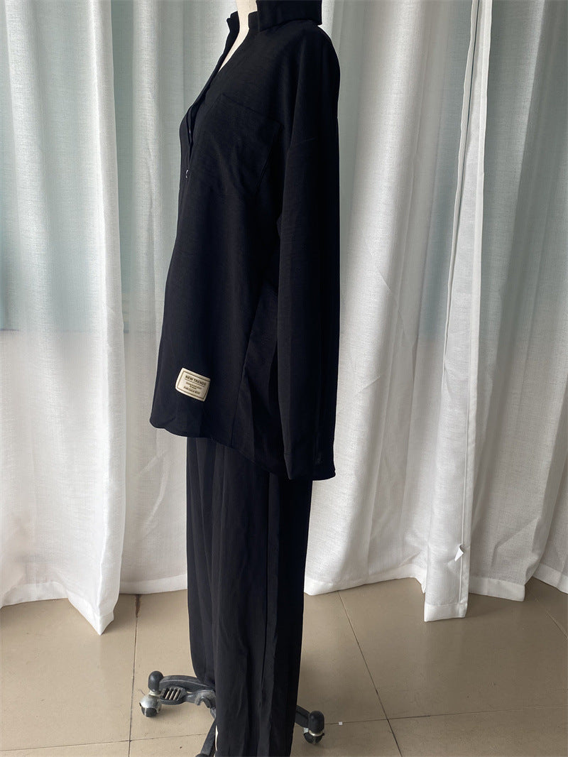 Plus Size Women loose long-sleeved shirt and slit wide-leg pants two-piece set 15