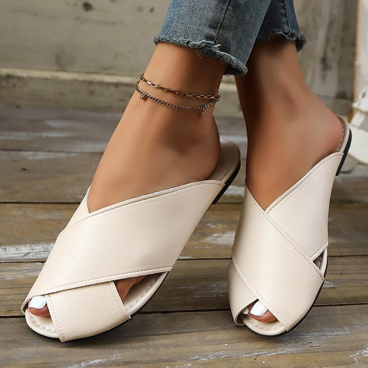 Cross Strap Flat Toe Sandals Round-Toe Lazy Beach Slides 7